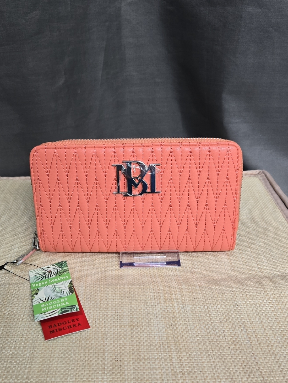 Badgley Mischka Coral Quilted Zip-Around Wallet with Silver Logo Hardware